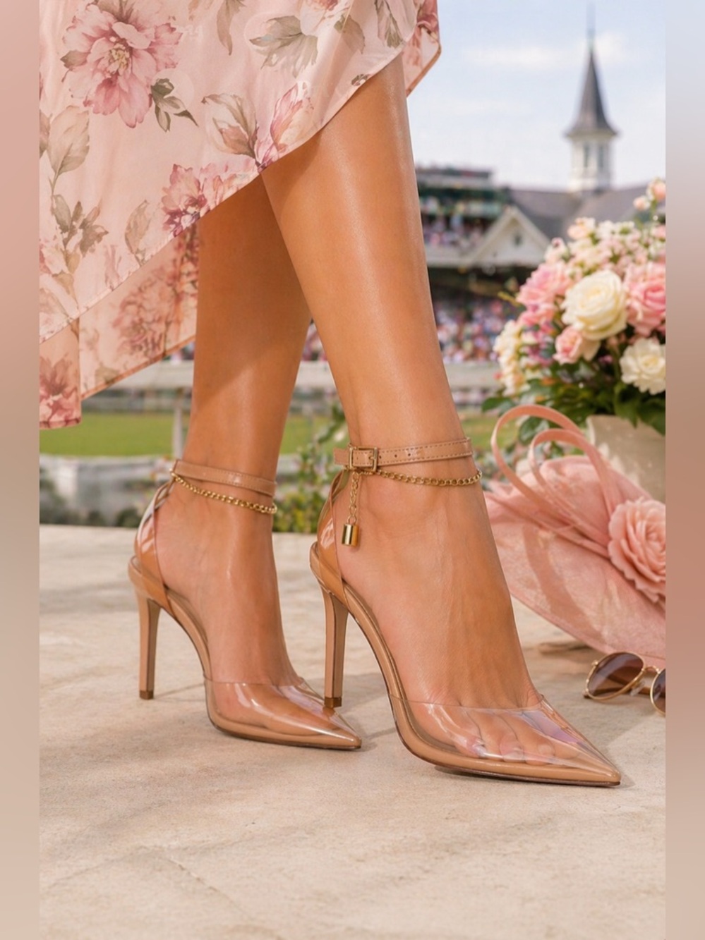 XOXO Luci Clear Heels Nude Gold Chain Derby Wedding Guest Pumps Size 8